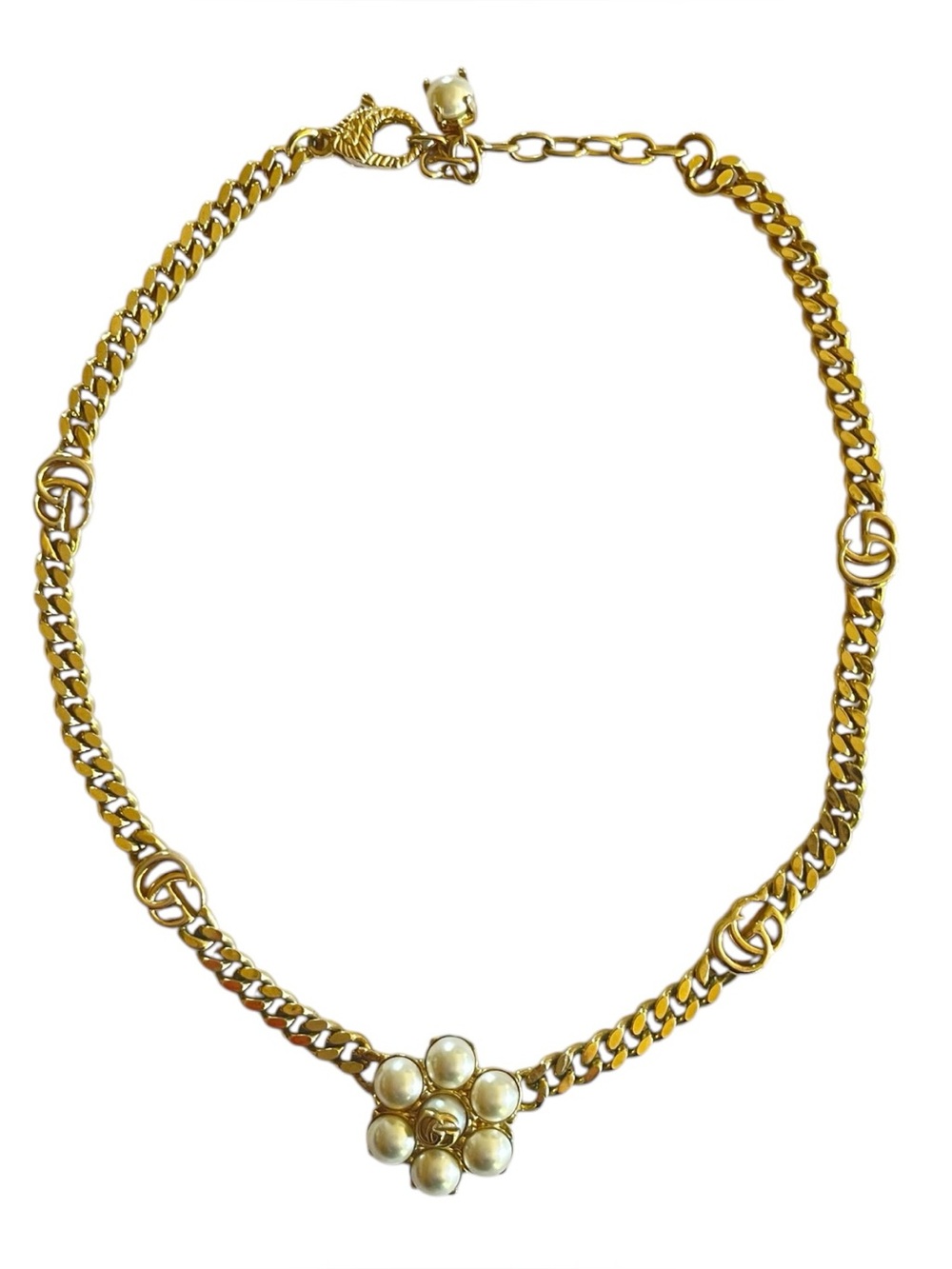 Authentic Gucci Double G Faux Pearl Flower Choker